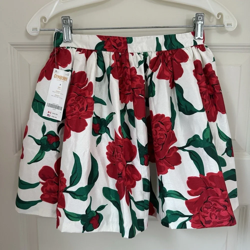 NWT Gymboree Taffeta Skirt Party Girl's SZ 9 Red Flower Adjustable Waist Lined